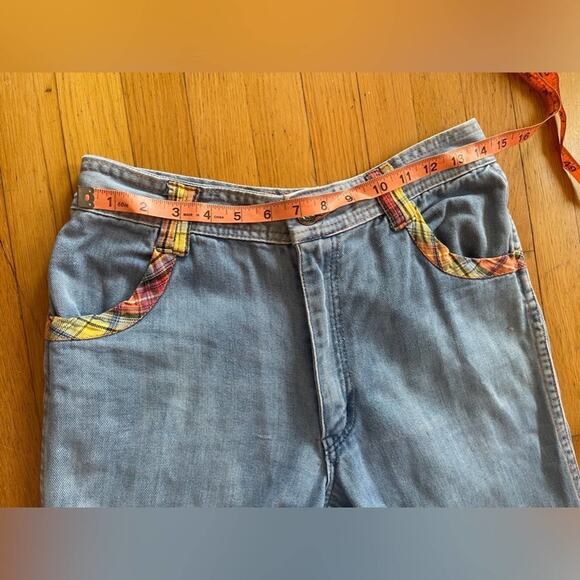 70s Vintage Faded Glory Light Wash Bell Bottoms w. Plaid Detailing - Picture 13 of 15